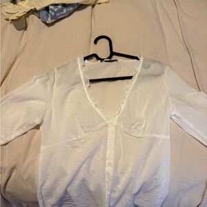 Brandy Melville White Ruffle Trim V-Neck Top